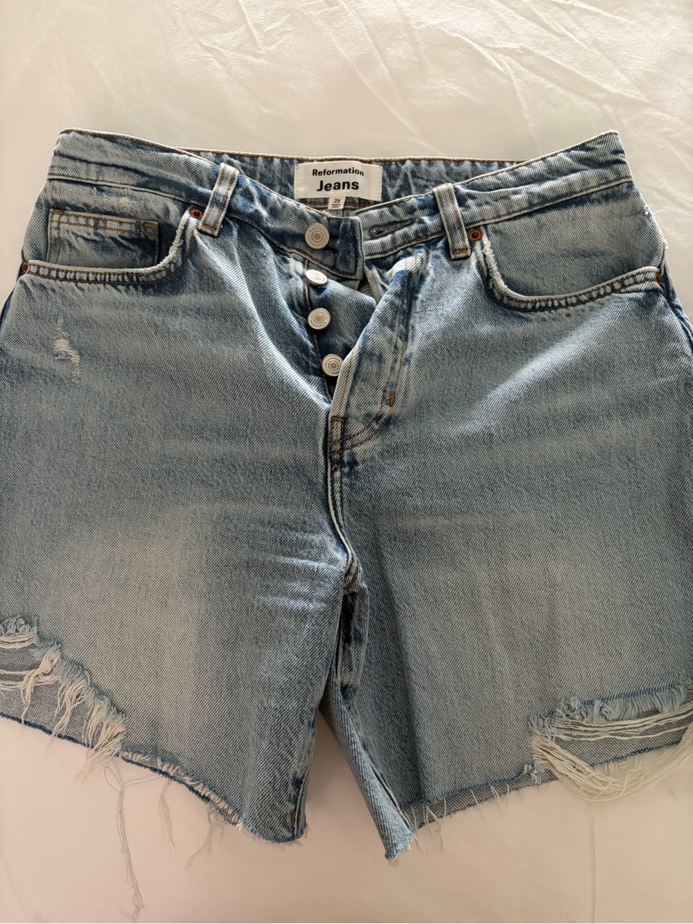 Reformation Light Blue Distressed High-Rise Jean Shorts